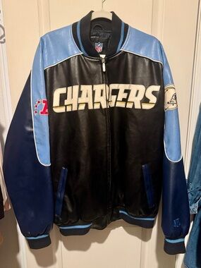 Vintage XL NFL Chargers Leather Bomber Jacket - Black & Light Blue
